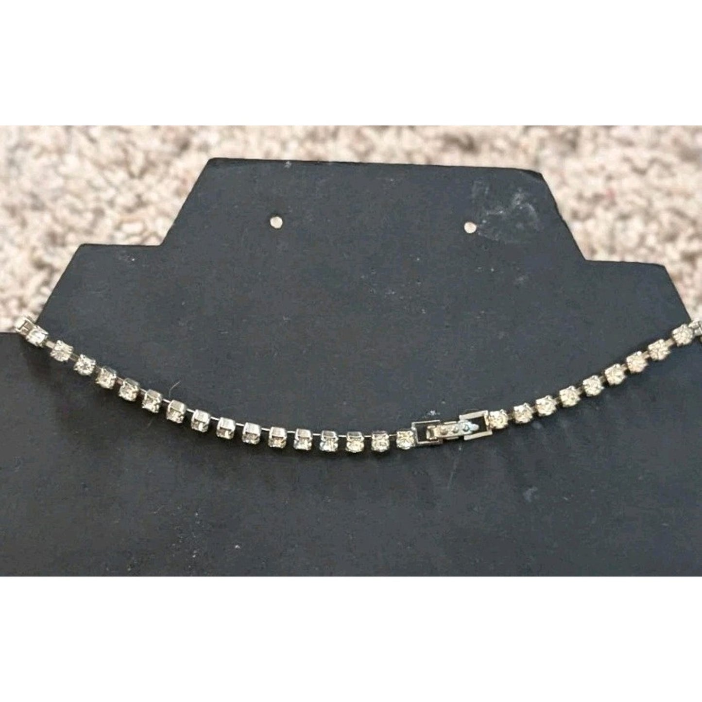 Vintage Silver Tone Clear Rhinestone V Drop Chevron Bib Necklace Square Center