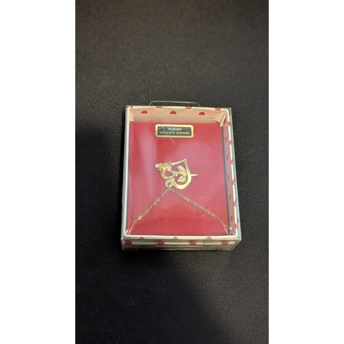 Vintage Gold Tone Heart Rose Necklace Genuine Austrian Crystal Boxed