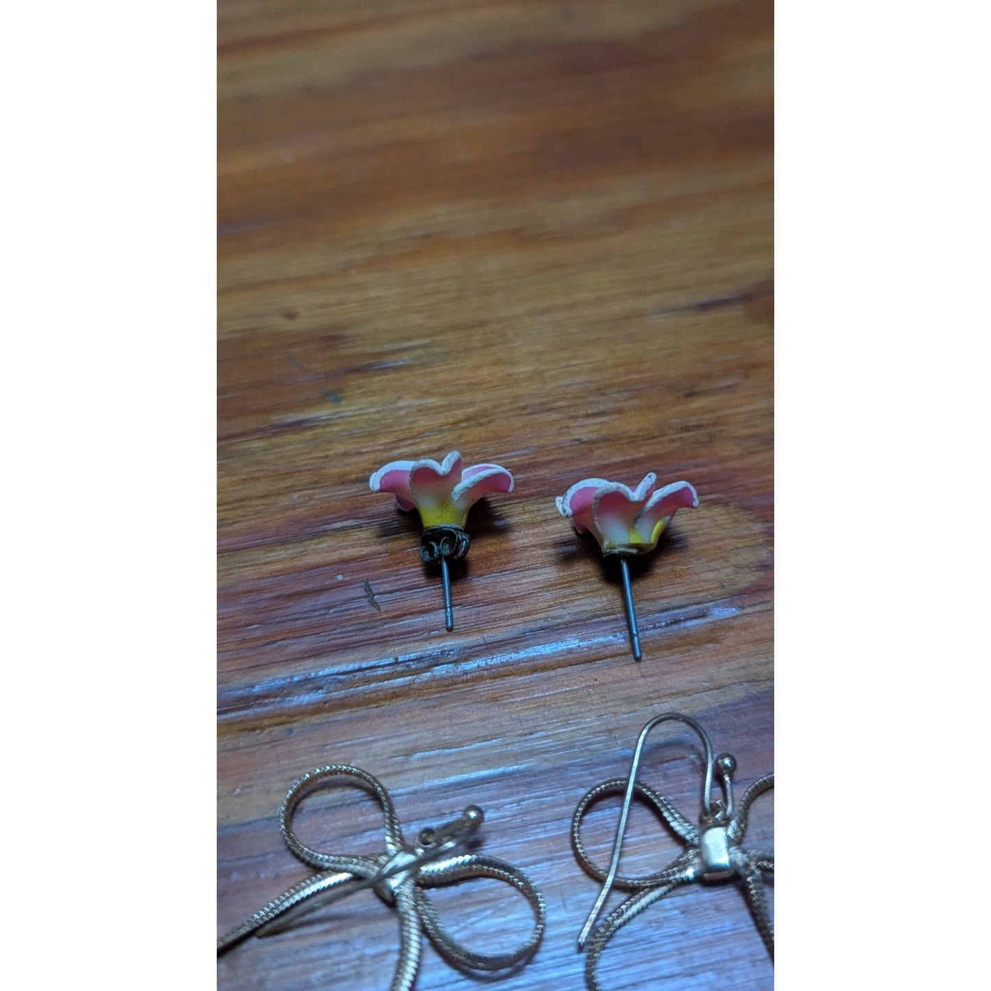 Vintage Earring Lot 3 Pairs Plumeria Bow Fringe Porcelain Rose Estate