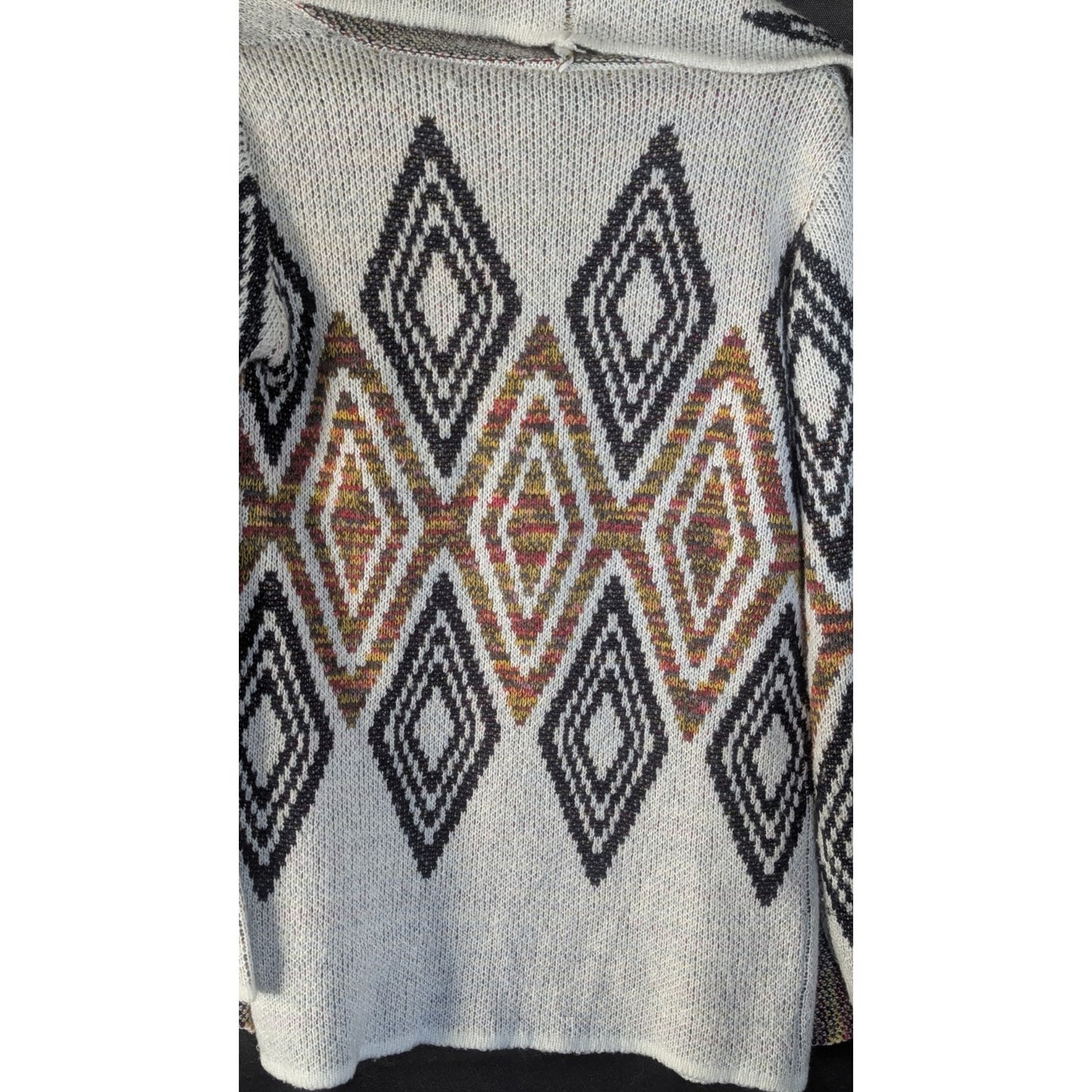 Woven Heart Womens M Open Front Cardigan Aztec Diamond Knit Sweater Ivory Multi