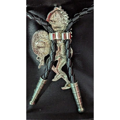 American Indian Warrior With Hatchet Bolo Tie Black Stone Made In USA Silver