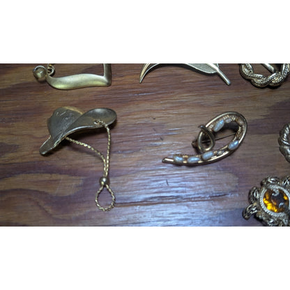 Vintage Gold Tone Jewelry Lot Brooches Pins Coin Earrings Bundle