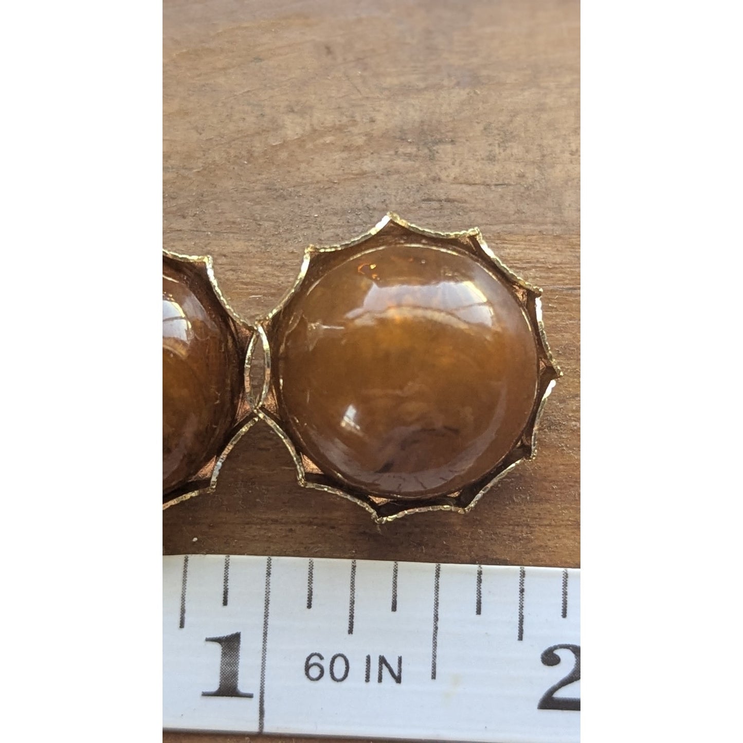 Vintage Hong Kong Amber Glass Cabochon Clip On Earrings Gold Tone Scalloped