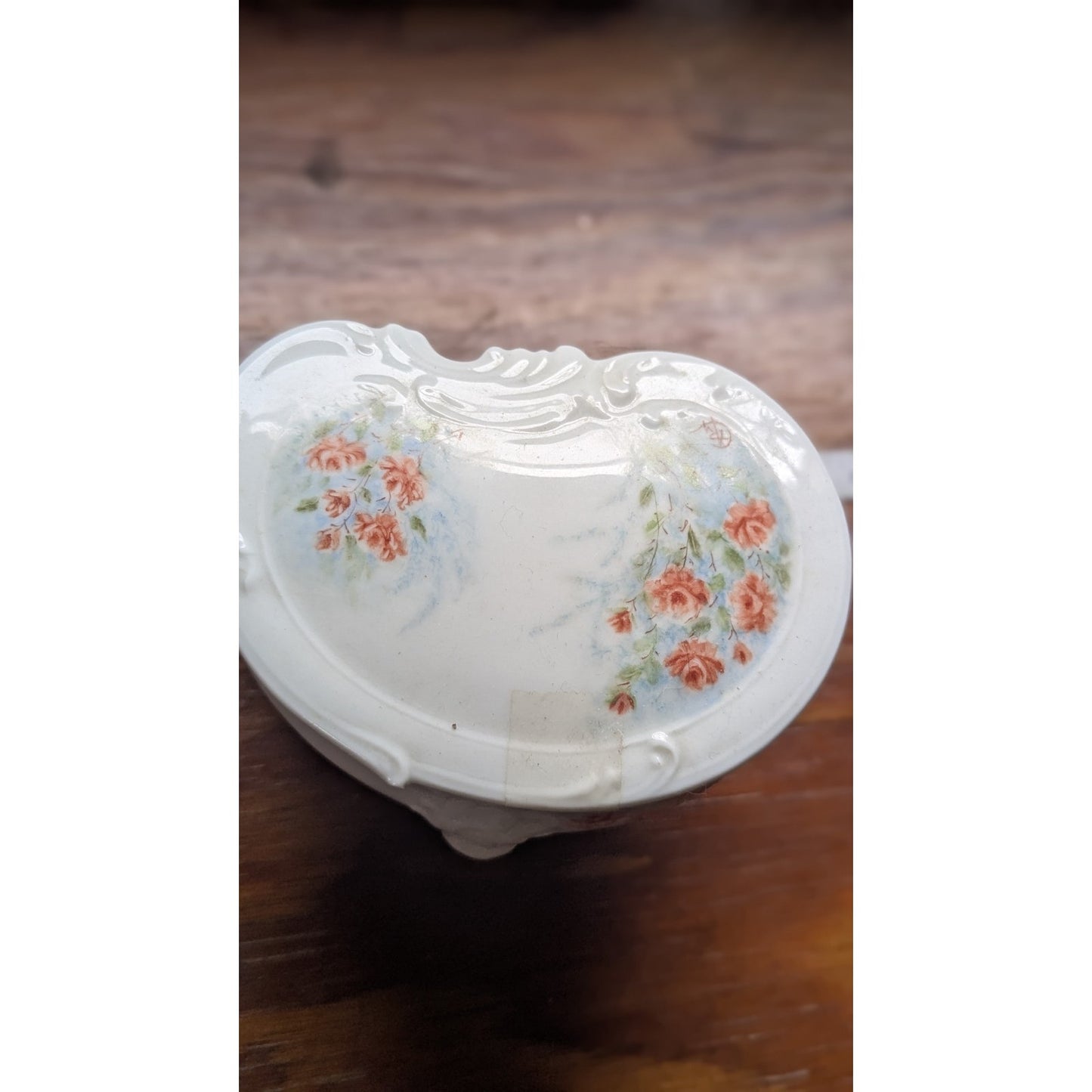 Vintage Hand Painted Porcelain Heart Trinket Dish Footed Pink Roses Signed