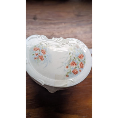 Vintage Hand Painted Porcelain Heart Trinket Dish Footed Pink Roses Signed