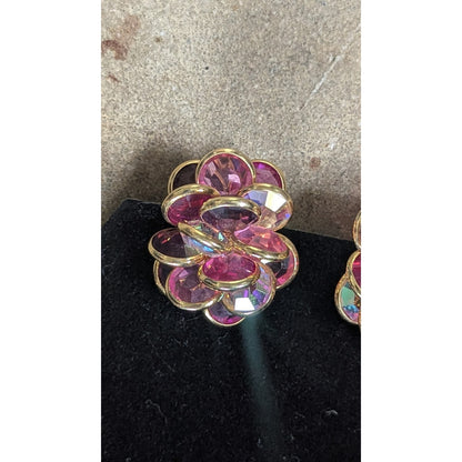 Vintage Swarovski SAL Signed Layered Crystal Flower Clip Earrings