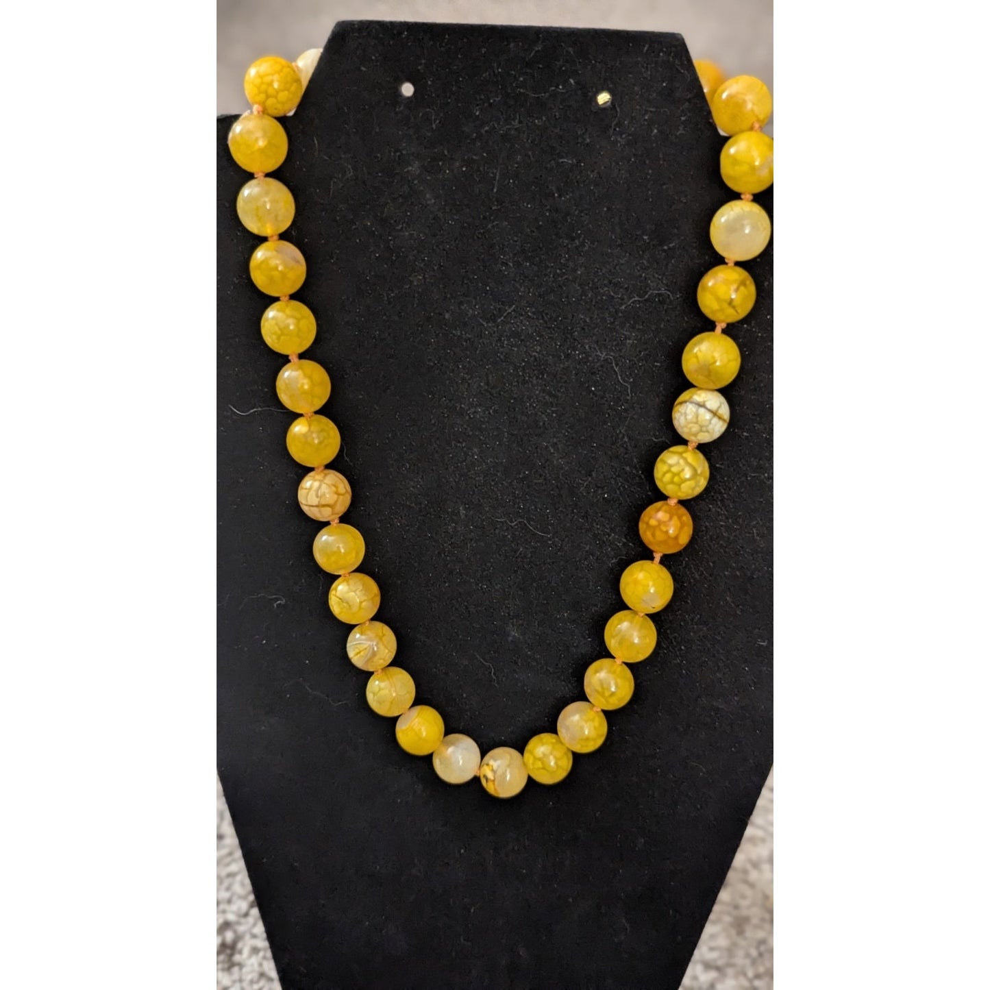 Yellow Dragon Vein Fire Agate 10mm Bead Necklace Hand Knotted 925 Clasp 18"