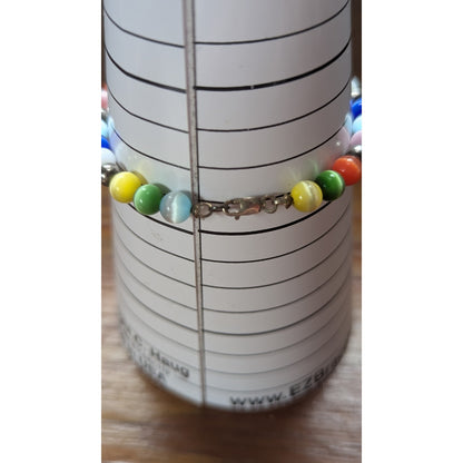 Vintage 925 Sterling Silver Rainbow Cats Eye Bead & Pyrite Bracelet 7"