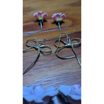 Vintage Earring Lot 3 Pairs Plumeria Bow Fringe Porcelain Rose Estate