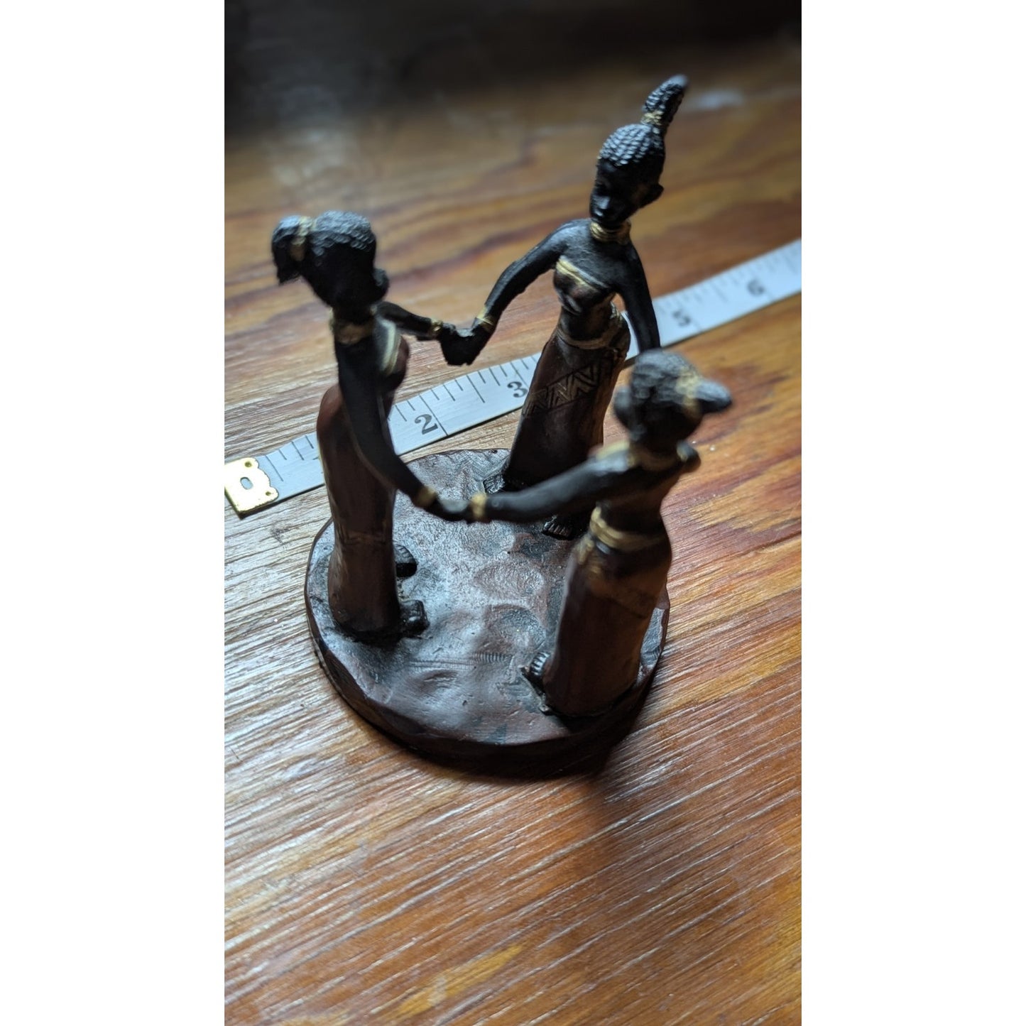 Vintage African Tribal Figurine Three Women Holding Hands Bronze Finish 4in
