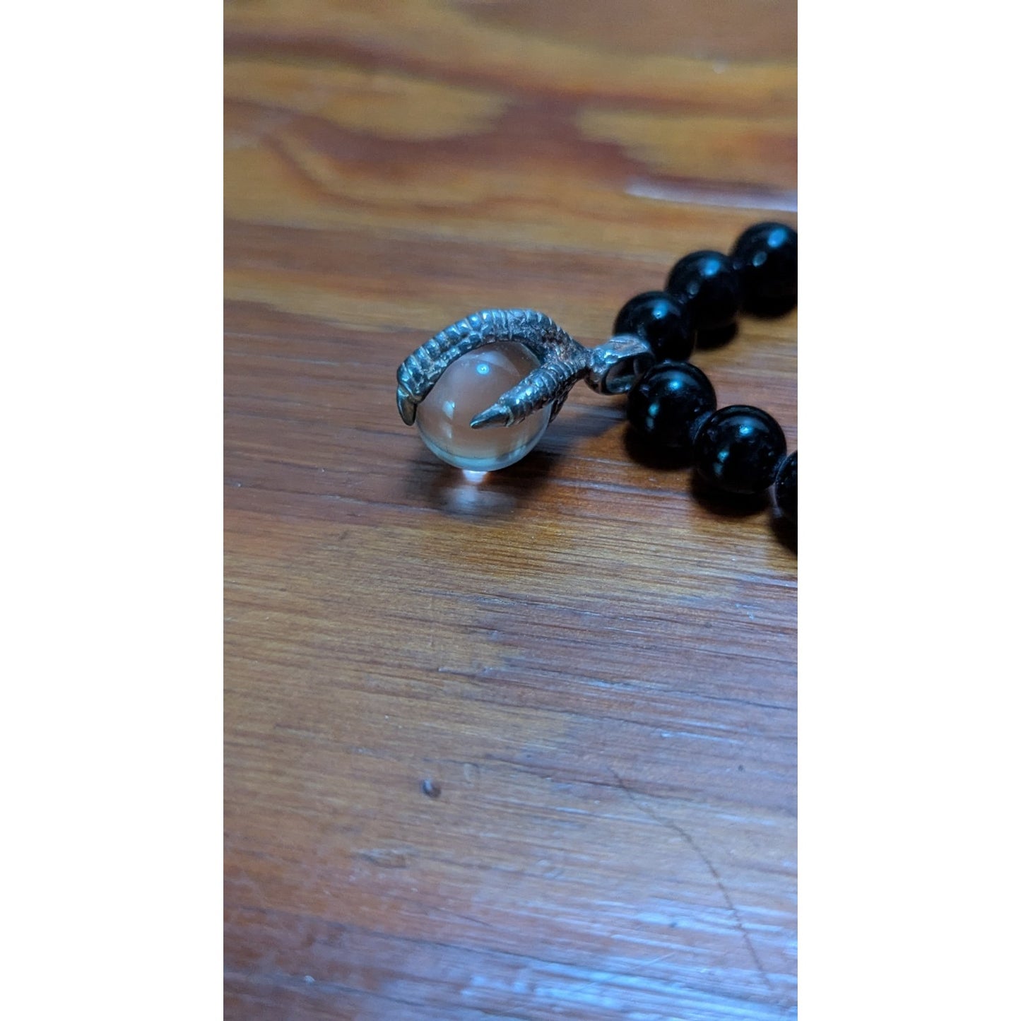 925 Sterling Silver Dragon Claw Orb Black Beaded Gothic Necklace