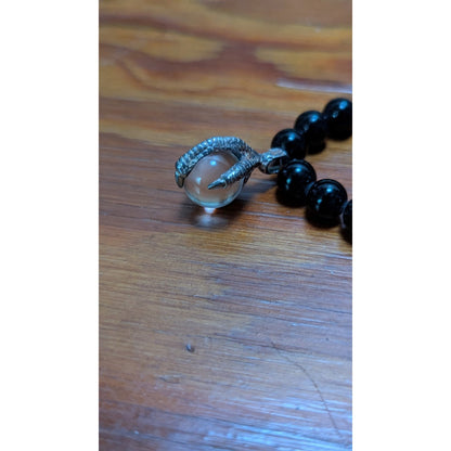 925 Sterling Silver Dragon Claw Orb Black Beaded Gothic Necklace