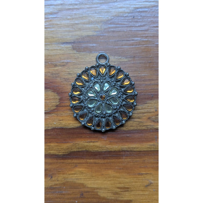 Vintage Brass Filigree Pendant Amber Green Foiled Glass Rhinestone Round