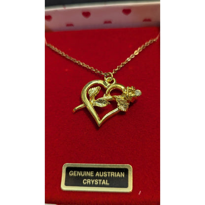 Vintage Gold Tone Heart Rose Necklace Genuine Austrian Crystal Boxed