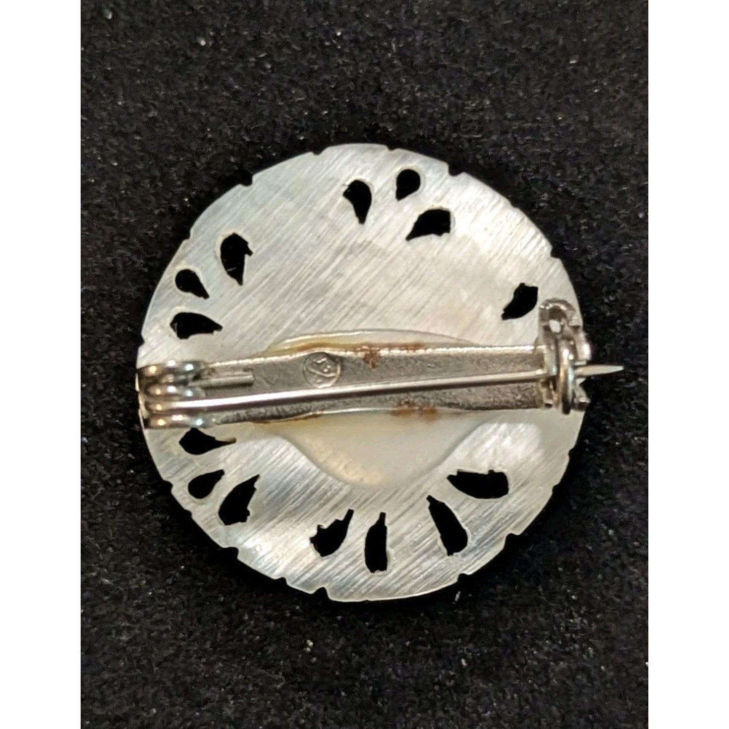 Vintage Mother of Pearl Pierced Reticulated Round Brooch Pin Marked Hallmark