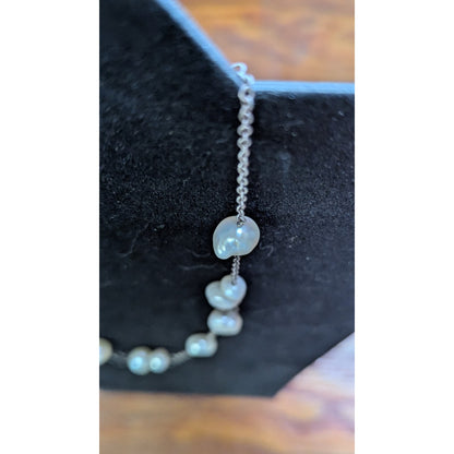 925 Sterling Silver Baroque Pearl Station Necklace Vintage Estate 10 In