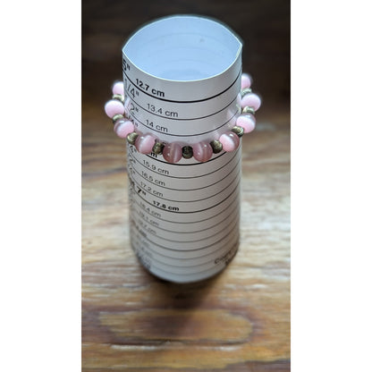 Vintage Sterling Silver 925 Pink Cat's Eye Fiber Optic Bead Bracelet 6" Petite
