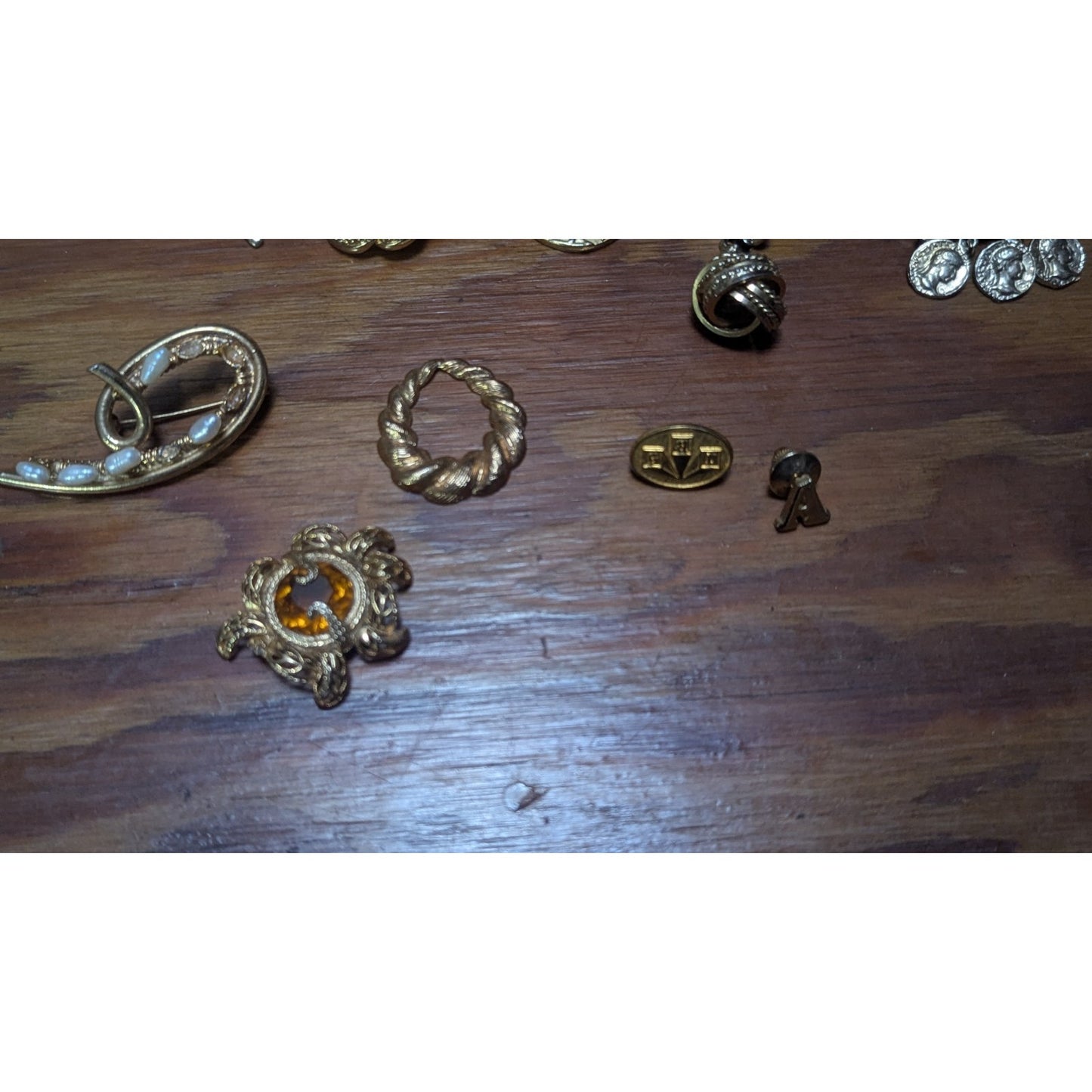 Vintage Gold Tone Jewelry Lot Brooches Pins Coin Earrings Bundle