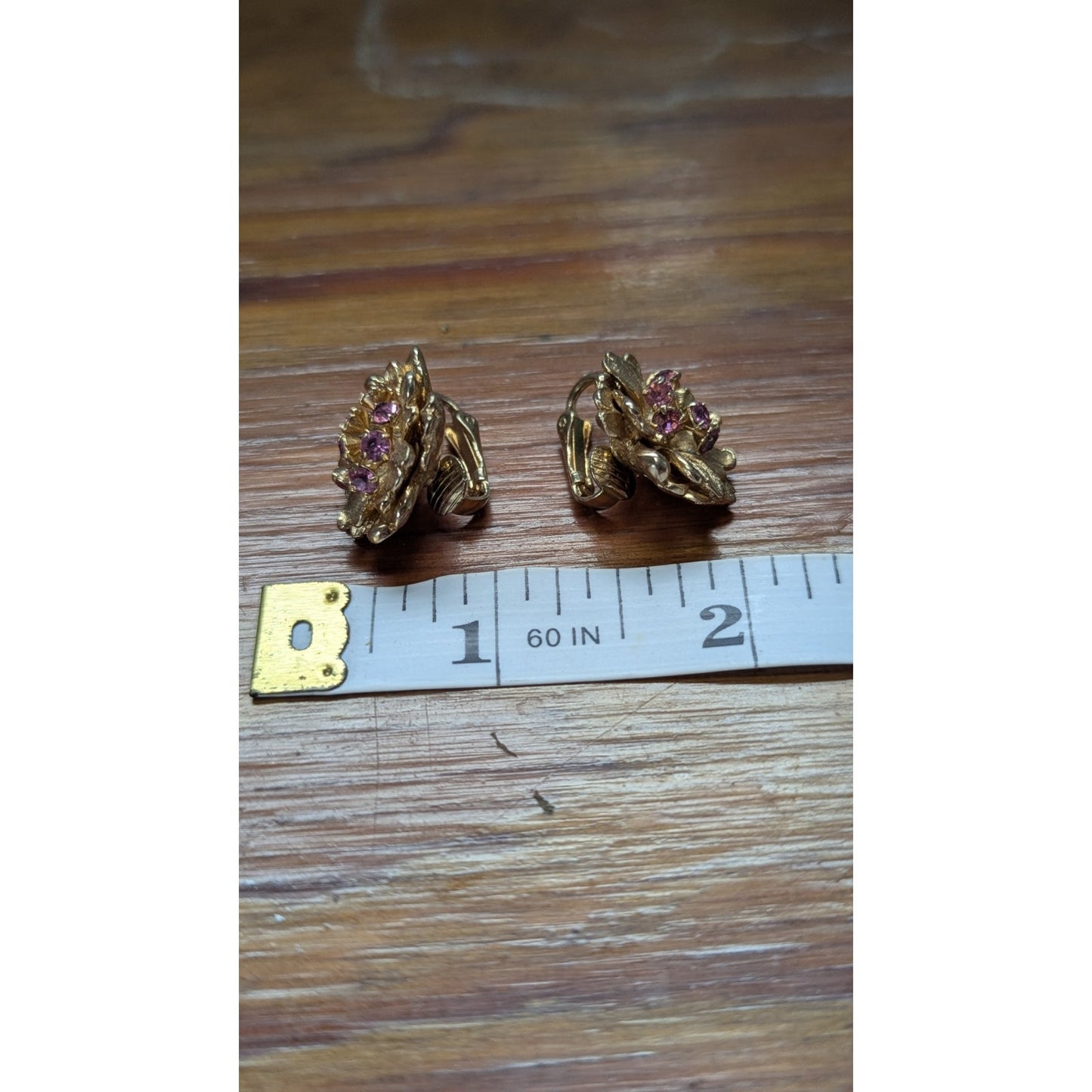 Vintage Signed Marvella Gold Tone Flower Cluster Purple Rhinestone Clip Earrings