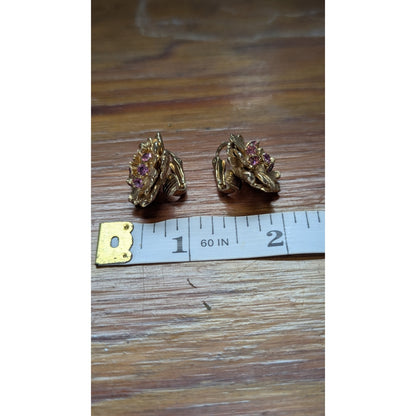 Vintage Signed Marvella Gold Tone Flower Cluster Purple Rhinestone Clip Earrings
