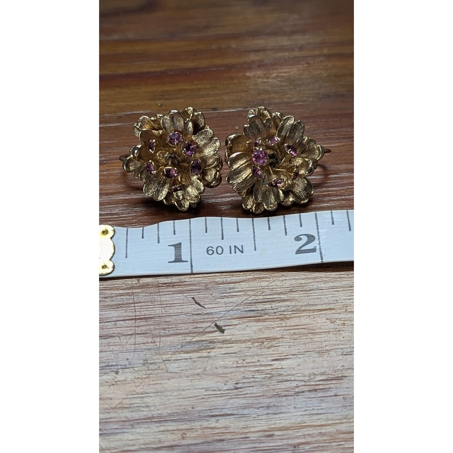 Vintage Signed Marvella Gold Tone Flower Cluster Purple Rhinestone Clip Earrings