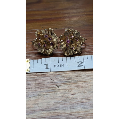 Vintage Signed Marvella Gold Tone Flower Cluster Purple Rhinestone Clip Earrings