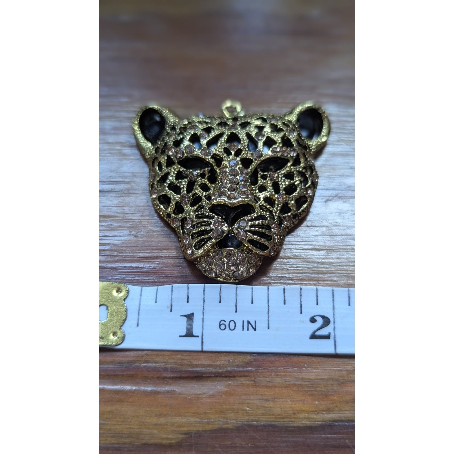Leopard Tiger Cat Head Pendant Chunky Silver Tone Rhinestones w Black Enamel