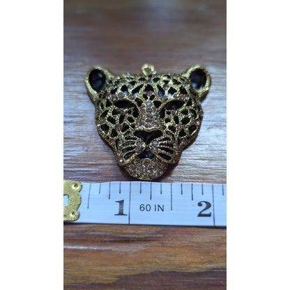 Leopard Tiger Cat Head Pendant Chunky Silver Tone Rhinestones w Black Enamel