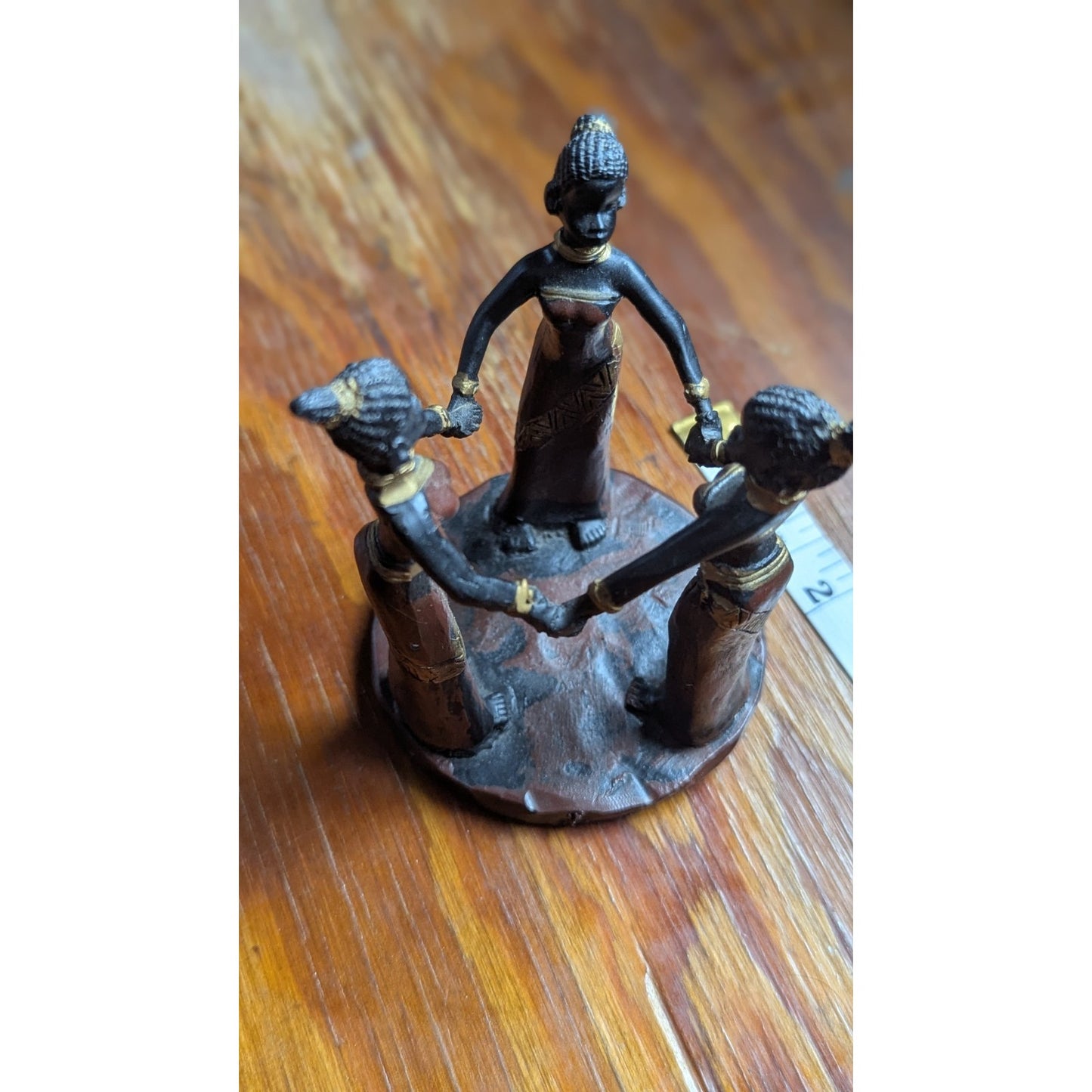 Vintage African Tribal Figurine Three Women Holding Hands Bronze Finish 4in