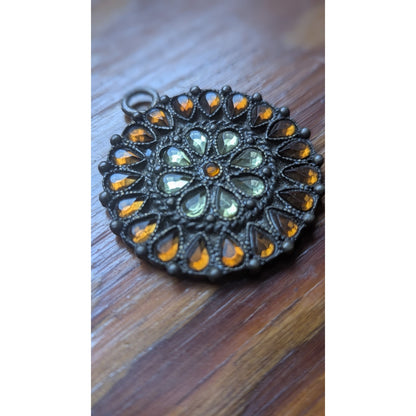 Vintage Brass Filigree Pendant Amber Green Foiled Glass Rhinestone Round