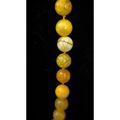Yellow Dragon Vein Fire Agate 10mm Bead Necklace Hand Knotted 925 Clasp 18"