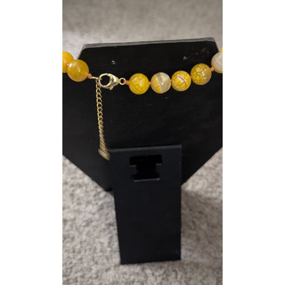 Yellow Dragon Vein Fire Agate 10mm Bead Necklace Hand Knotted 925 Clasp 18"