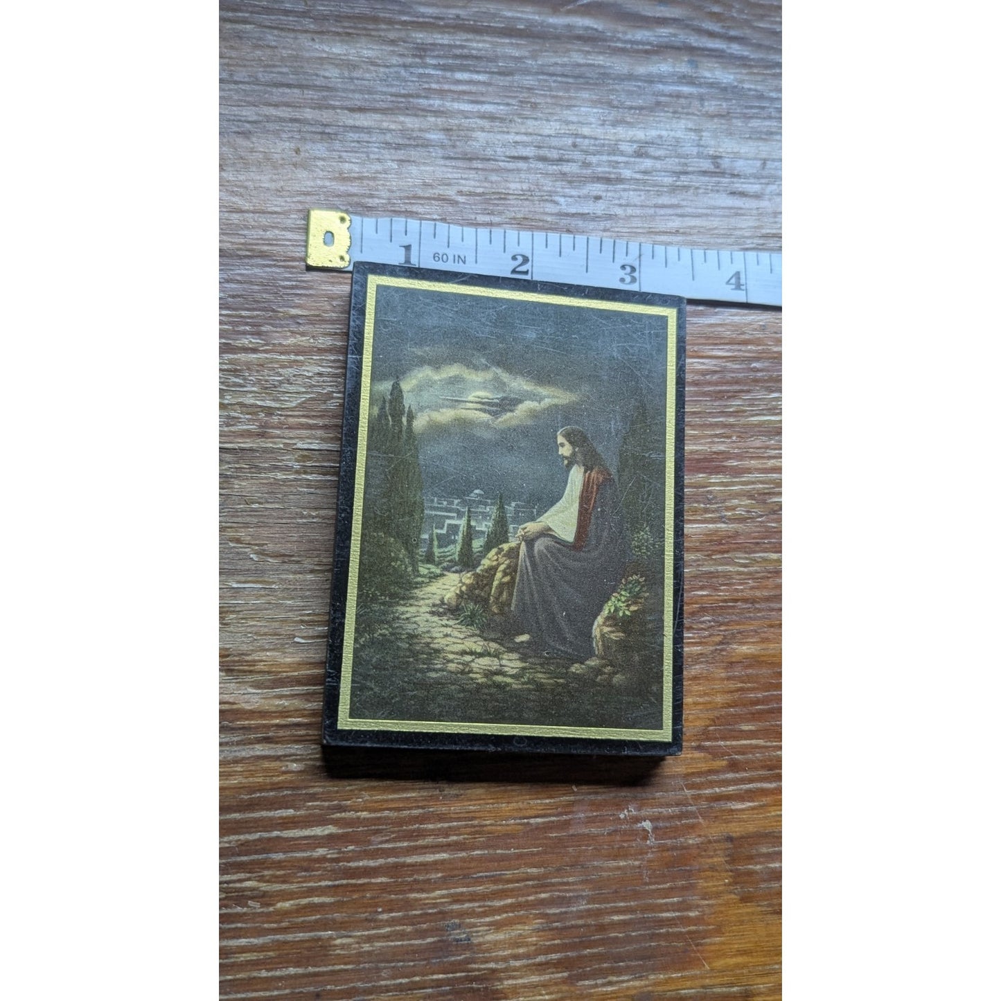 Vintage Wood Plaque Jesus Praying in Garden of Gethsemane Religious Wall Art