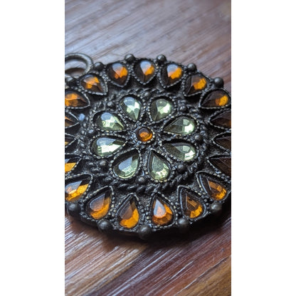 Vintage Brass Filigree Pendant Amber Green Foiled Glass Rhinestone Round