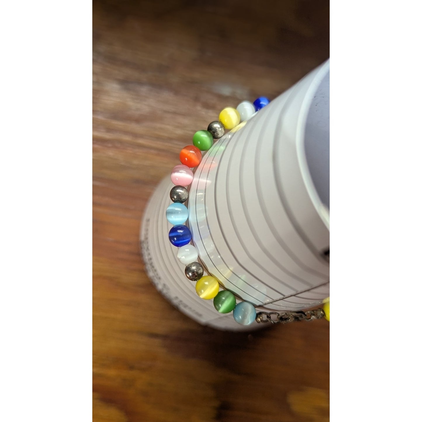 Vintage 925 Sterling Silver Rainbow Cats Eye Bead & Pyrite Bracelet 7"