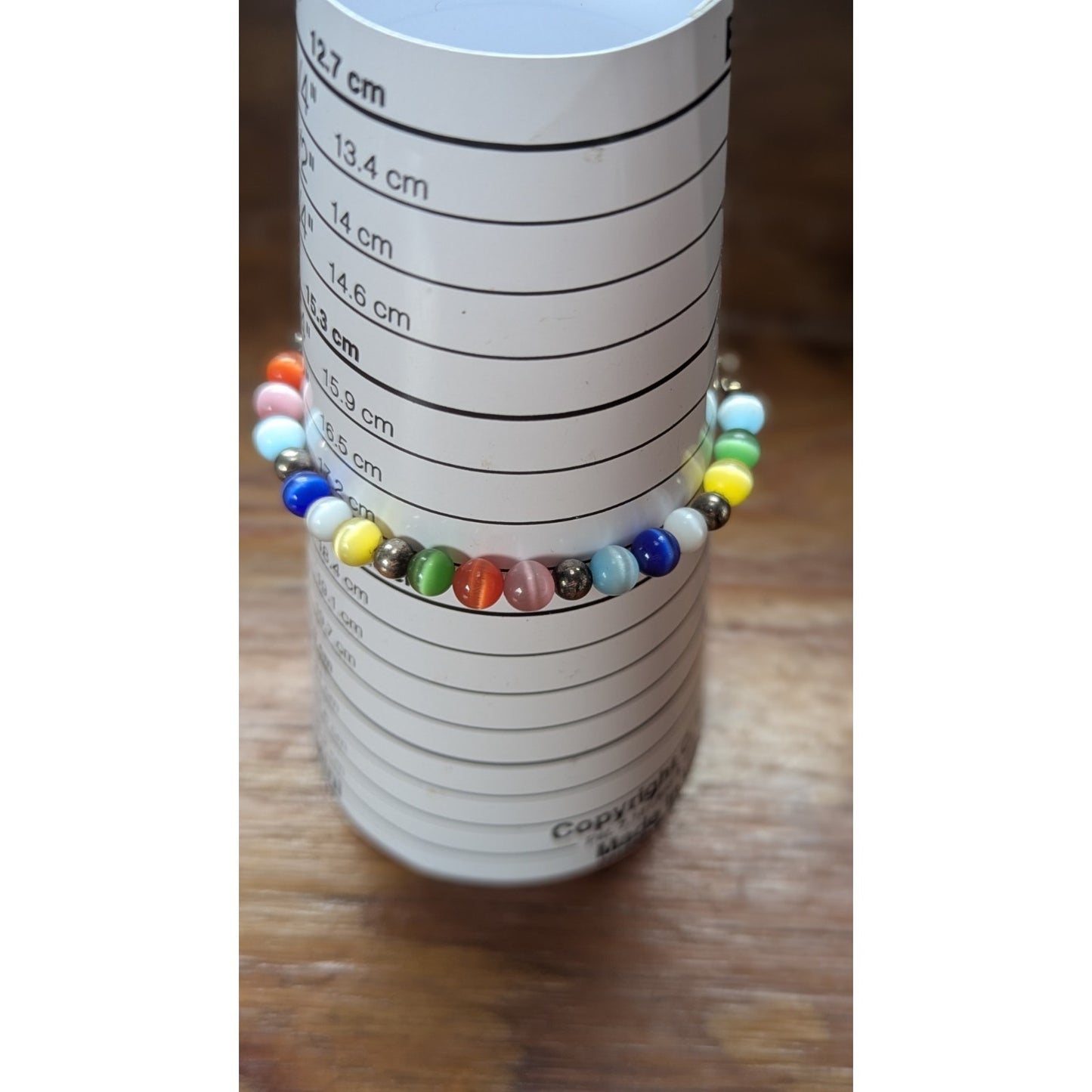 Vintage 925 Sterling Silver Rainbow Cats Eye Bead & Pyrite Bracelet 7"