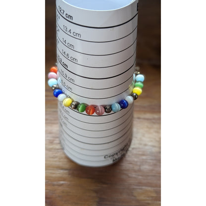Vintage 925 Sterling Silver Rainbow Cats Eye Bead & Pyrite Bracelet 7"