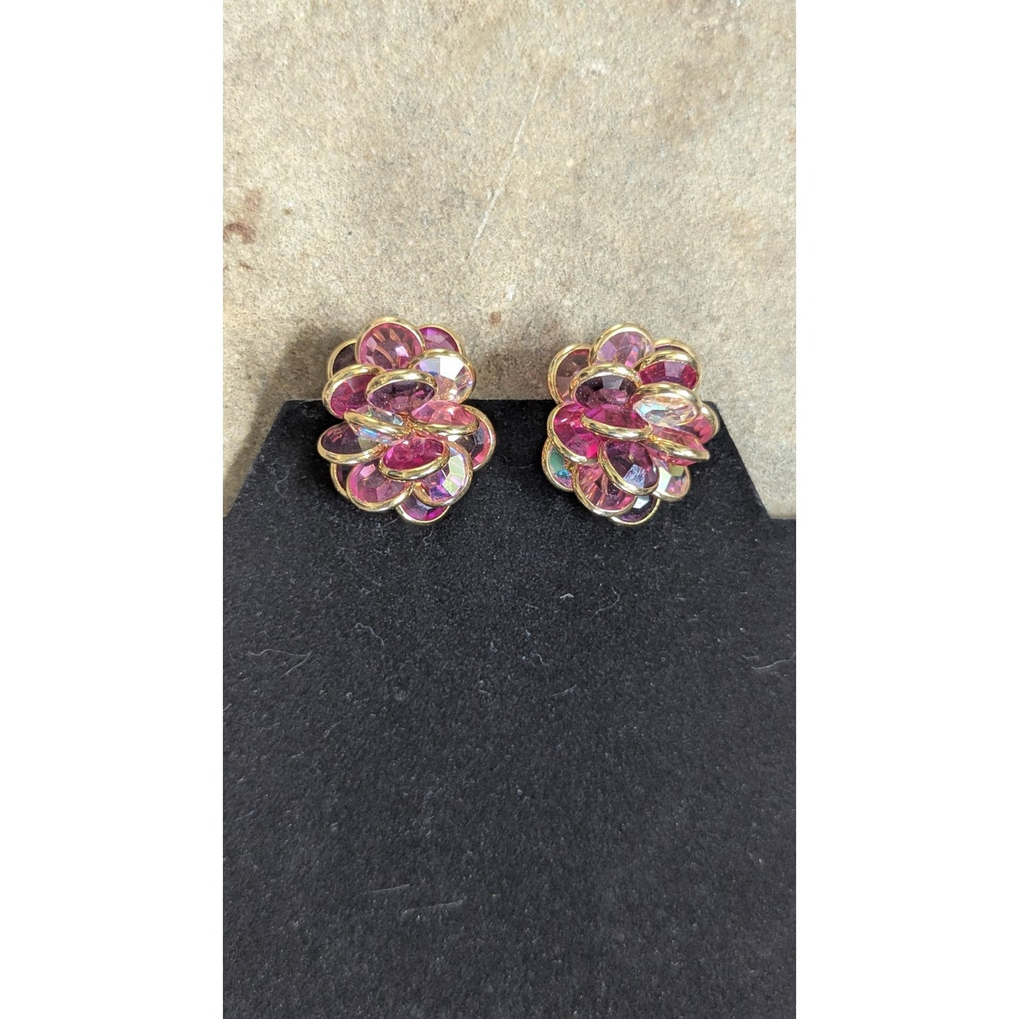 Vintage Swarovski SAL Signed Layered Crystal Flower Clip Earrings