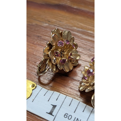 Vintage Signed Marvella Gold Tone Flower Cluster Purple Rhinestone Clip Earrings