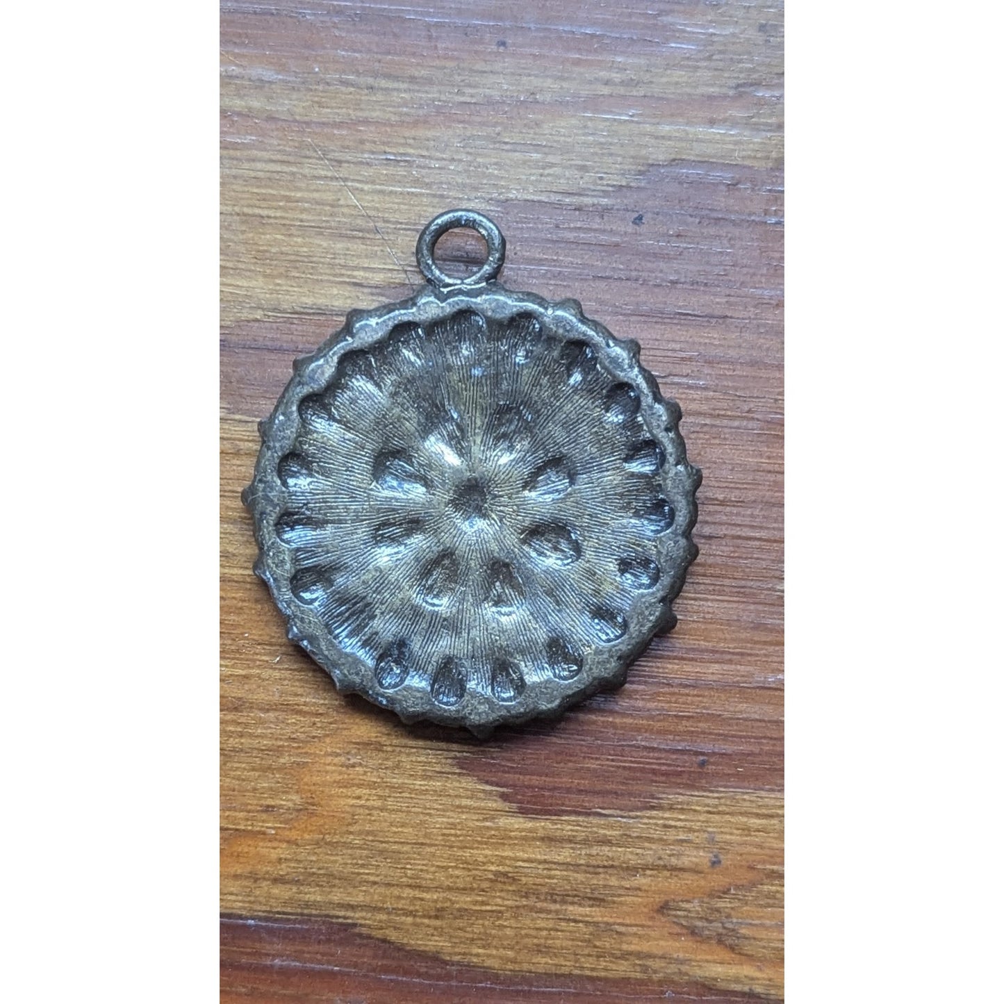 Vintage Brass Filigree Pendant Amber Green Foiled Glass Rhinestone Round