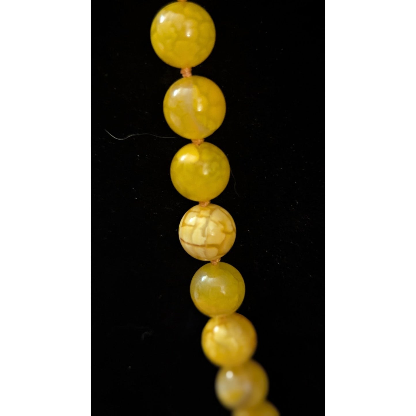 Yellow Dragon Vein Fire Agate 10mm Bead Necklace Hand Knotted 925 Clasp 18"