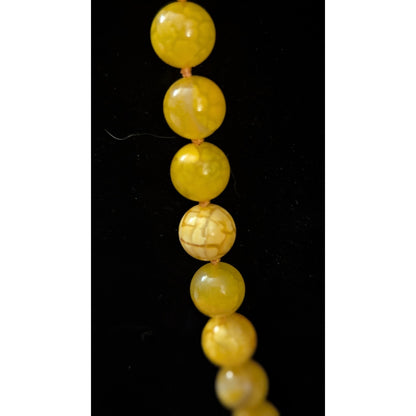 Yellow Dragon Vein Fire Agate 10mm Bead Necklace Hand Knotted 925 Clasp 18"