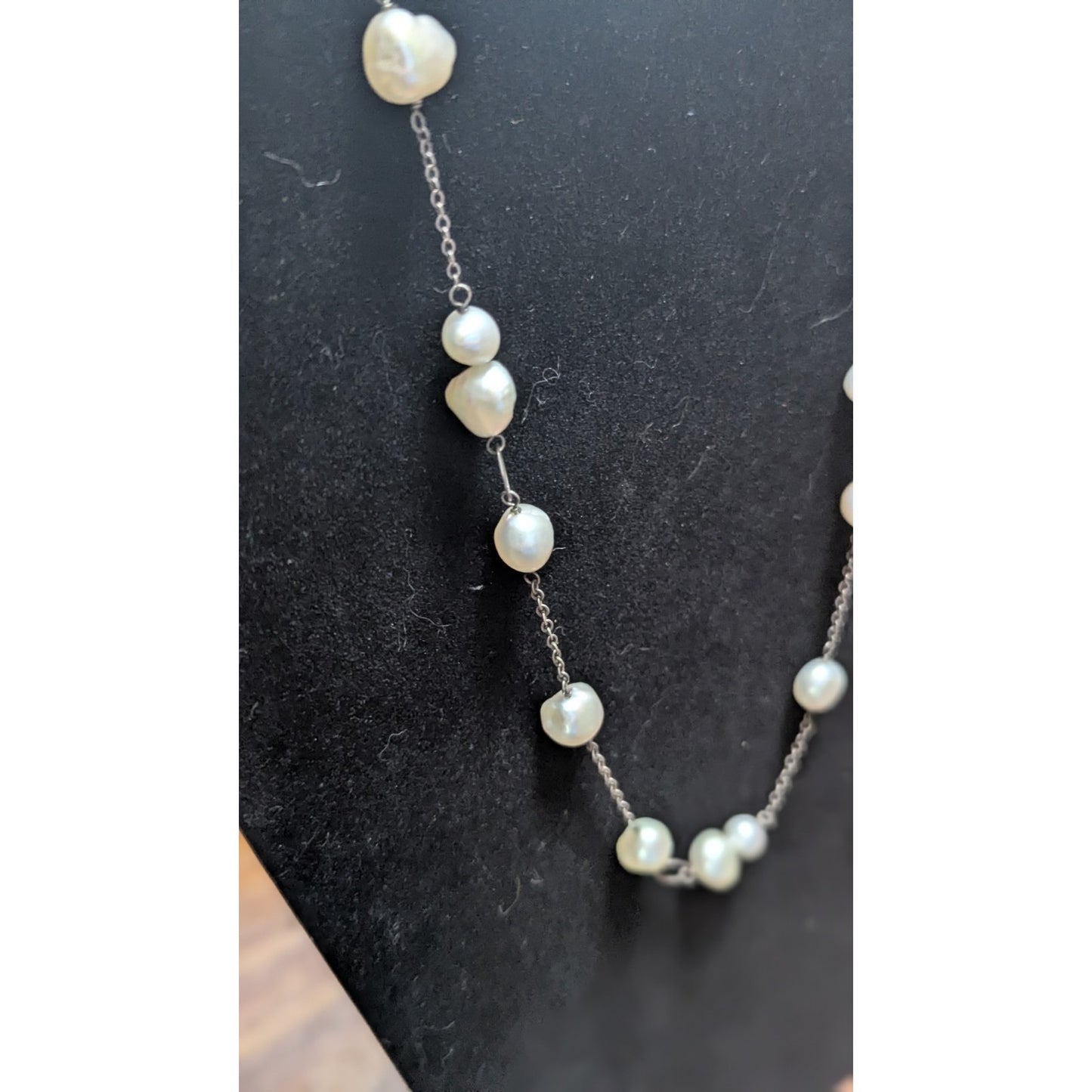 925 Sterling Silver Baroque Pearl Station Necklace Vintage Estate 10 In