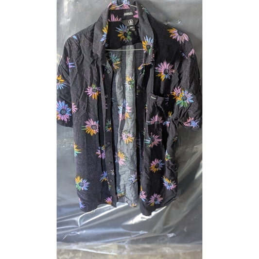 Volcom Mens Shirt Size L Black Floral Print Short Sleeve Button Up Classic Fit