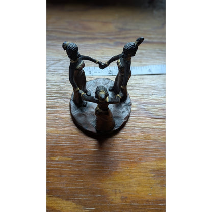 Vintage African Tribal Figurine Three Women Holding Hands Bronze Finish 4in