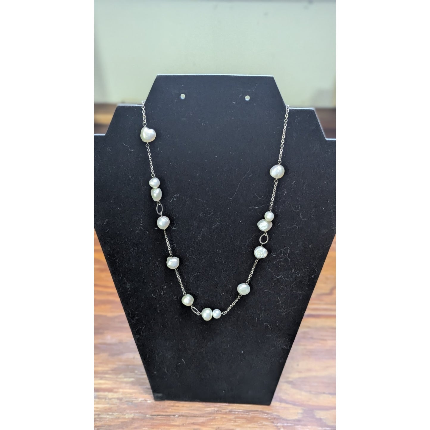 925 Sterling Silver Baroque Pearl Station Necklace Vintage Estate 10 In