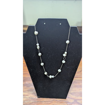 925 Sterling Silver Baroque Pearl Station Necklace Vintage Estate 10 In