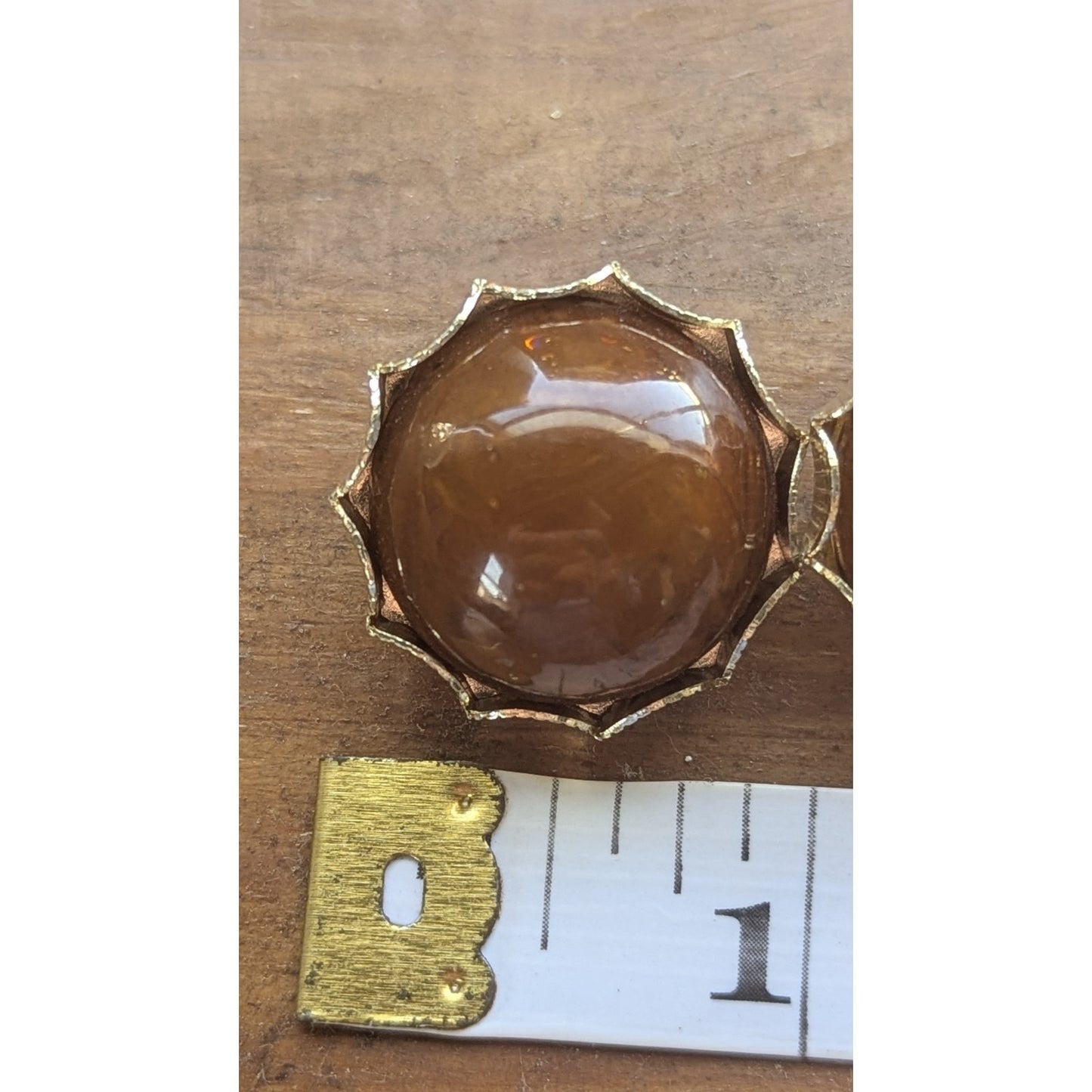 Vintage Hong Kong Amber Glass Cabochon Clip On Earrings Gold Tone Scalloped