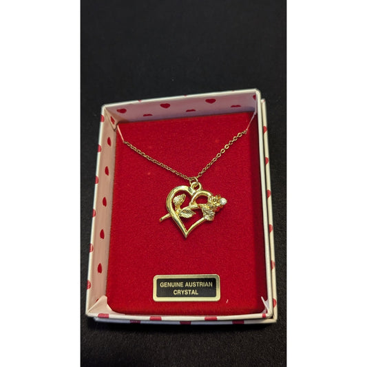 Vintage Gold Tone Heart Rose Necklace Genuine Austrian Crystal Boxed