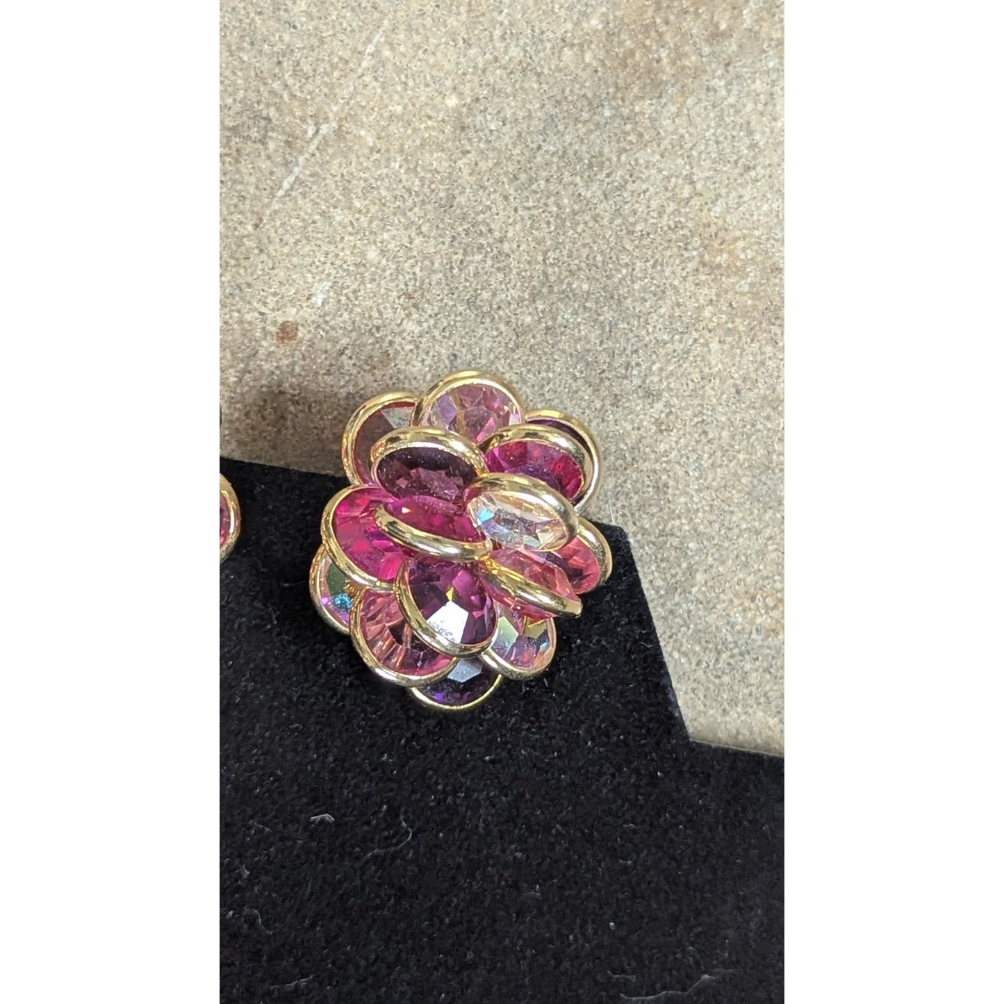 Vintage Swarovski SAL Signed Layered Crystal Flower Clip Earrings